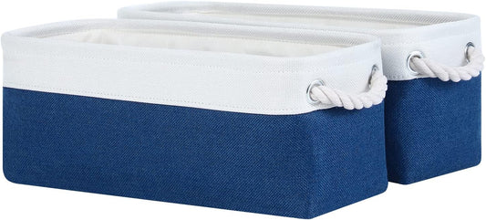 DULLEMELO Toilet Paper Storage Basket, Toilet Paper Basket for Back of Toilet, Bathroom Storage Basket for Cosmetics Towels Toilet Paper, Toilet Tank Basket with Rope Handles for Toilet(White&Blue)