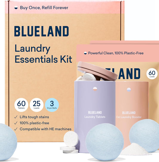 BLUELAND Laundry Essentials Kit, Fragrance Free & Clear - Plastic-Free Laundry Detergent Tablets, Oxi Booster, and Reuseable Natural Wool Dryer Balls