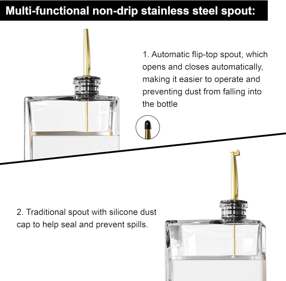Olive Oil Dispenser for Kitchen, 16.9 oz/ 500 ml Olive Oil Dispenser Bottle, Glass Oil Bottles for Kitchen with 8 Stainless Steel Pourers, 40 Labels, 4 Pcs, Gold