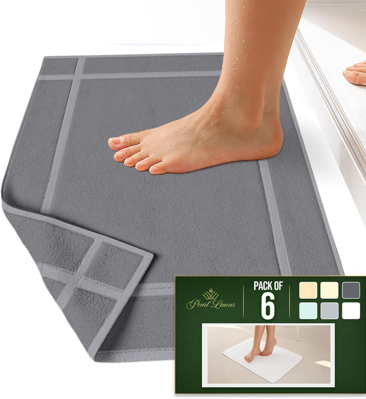 Pearl Linens Pack of 6 Washable Cotton Bath Mat 18x25 - Soft & Absorbent Quick Dry Bathroom Mat Set, Not Bathroom Rugs After Shower Mat, Terry Bath Tub Mat, 687 GSM Light Grey