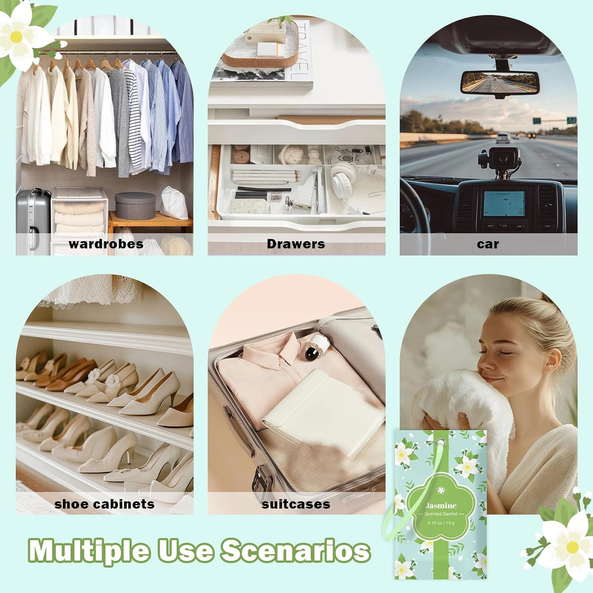 SCENTORINI Scented Sachets for Drawers and Closets, Jasmine Scent 14 Pack, Long-Lasting Sachets Bags Wardrobe Freshener, for Drawers, Closets, Cars