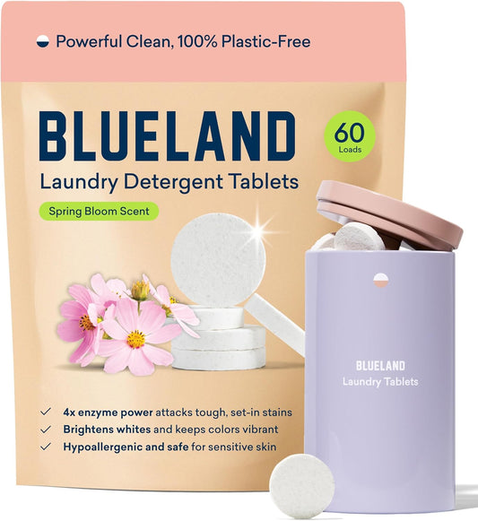 BLUELAND Laundry Detergent Tablets, Starter Set, Spring Bloom Scent, 60 Count with Tin, Plastic-Free Eco-Friendly Pods, Sheets, Liquid Alternative - Natural, Gentle