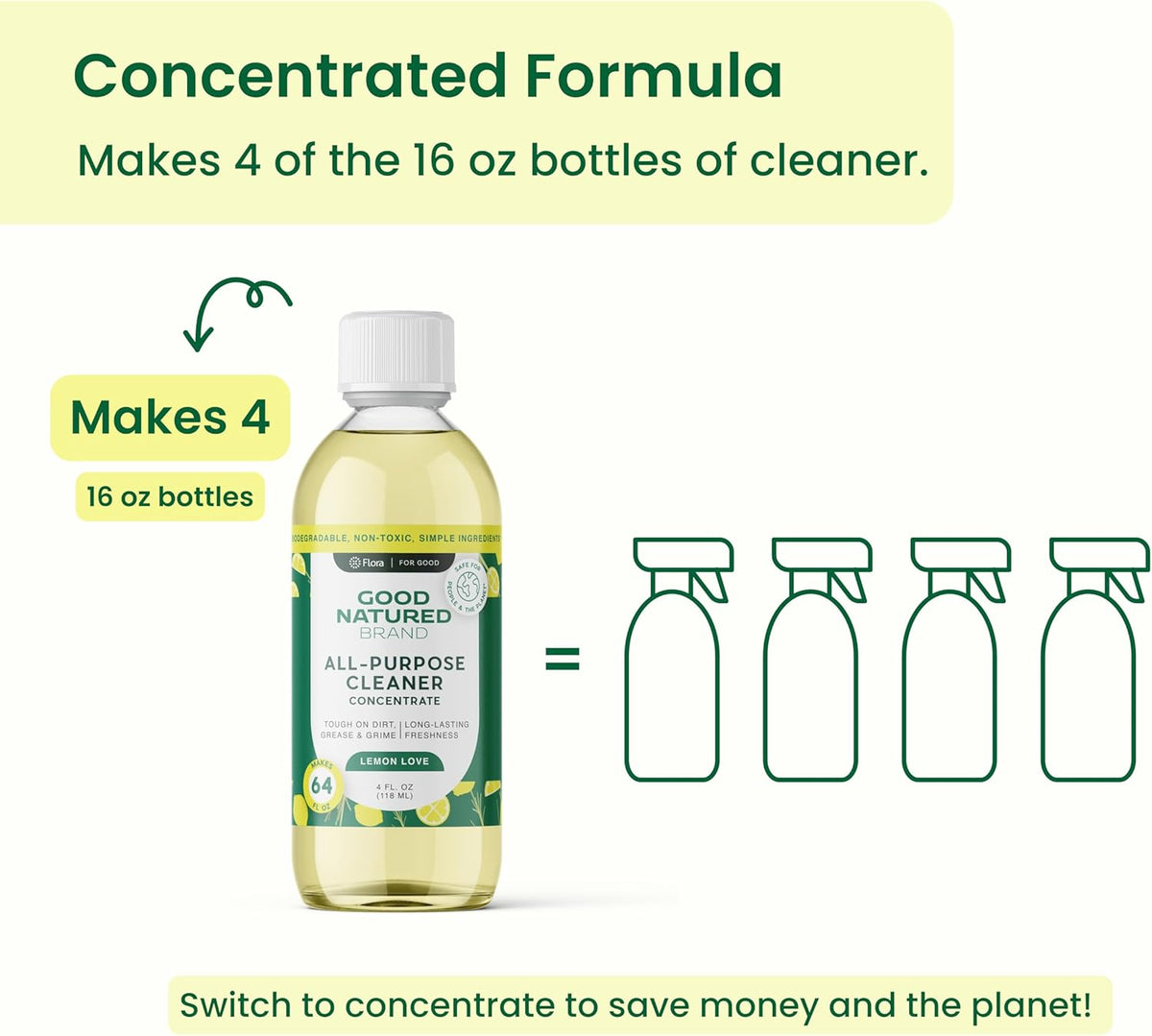 Good Natured Brand All-Purpose Cleaner Concentrate + 16 oz Bottle | Multi-Surface Cleaner | Natural Lemon Essential Oil | Multipurpose Cleaner All Surfaces | Lemon Love | 4oz makes 64oz