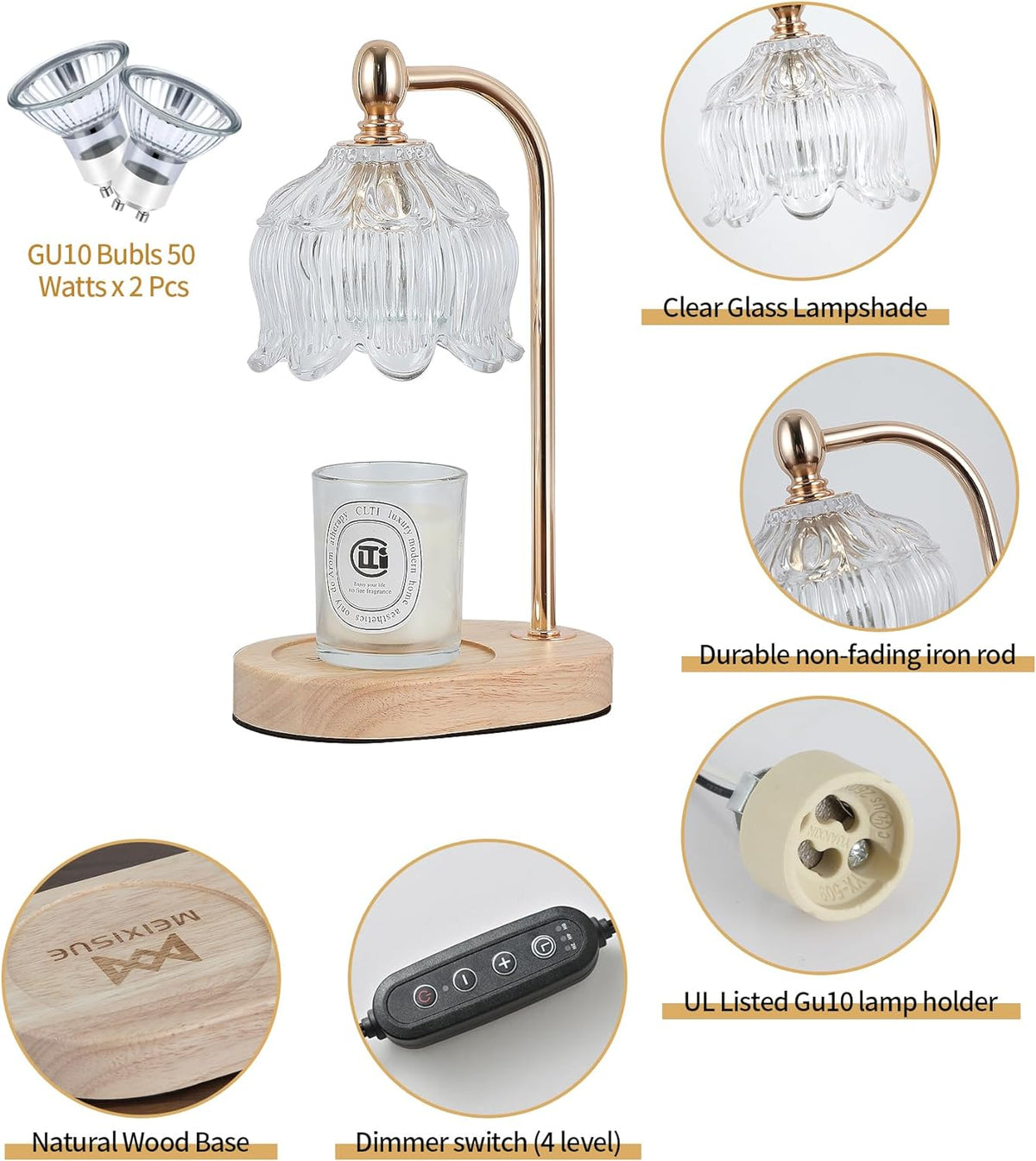 Candle Warmer Lamp with Timer and Dimmer,Electric Gold Light Gifts for Women Melt Wax Warmer Lamp with 2 Bulbs for Candle Jars House Warming New Home Decor Bedroom