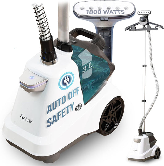 SALAV® Heavy Duty Smart Auto Shut-off Commercial Full-Size Garment Steamer, Beeping Alert when Water Runs out, Foot Pedal Control, XL 3L (101.5 oz) Tank, 1800 watts, 90+min of Continuous Steam, White