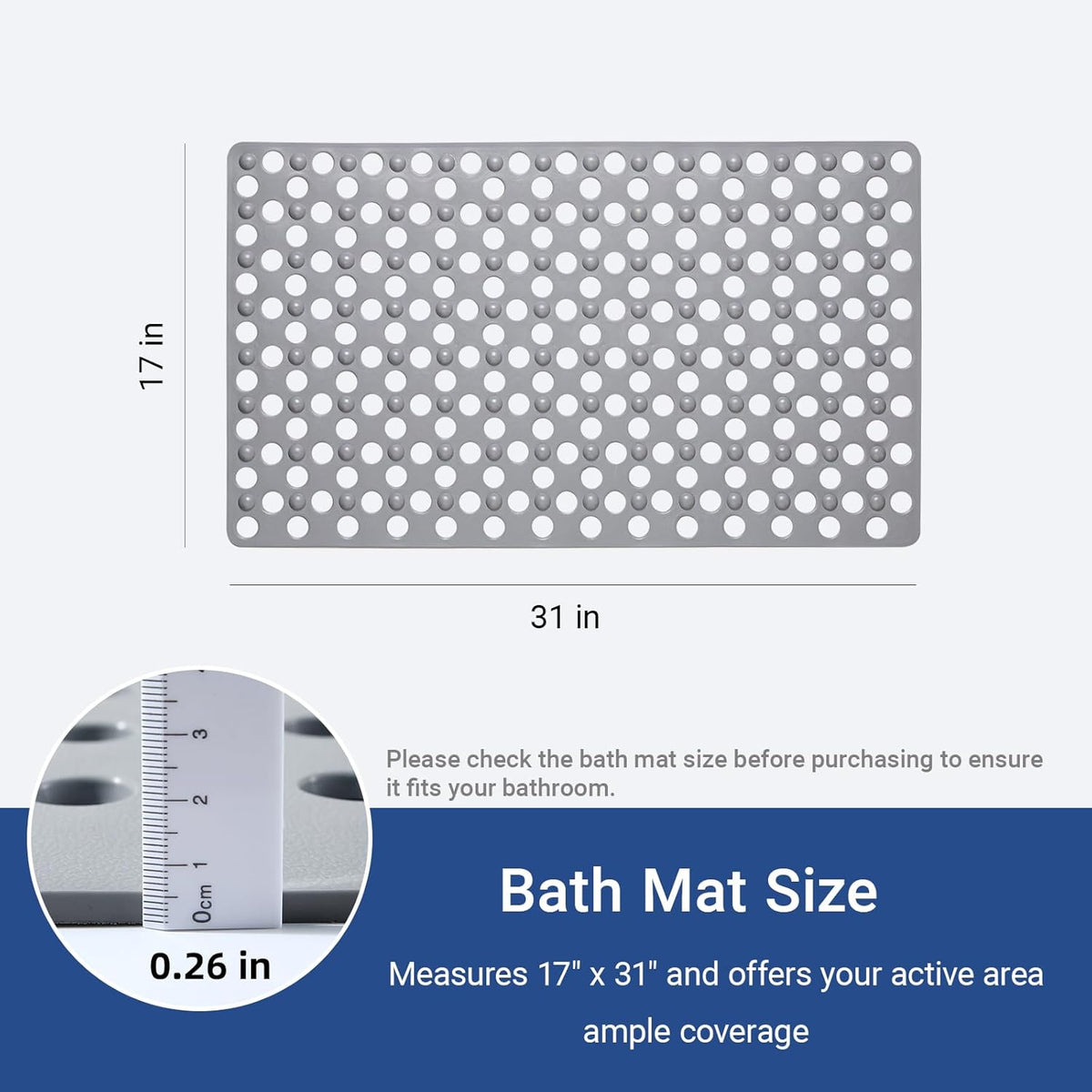 Non Slip Bathtub Mat and Shower Mat 31x17 inch,Bath Mat with Quick Dry Drain Holes and Suction Cups, Soft Comfortable Safe Bathroom Mat for Bath Tub, Floor, Tile (Grey)