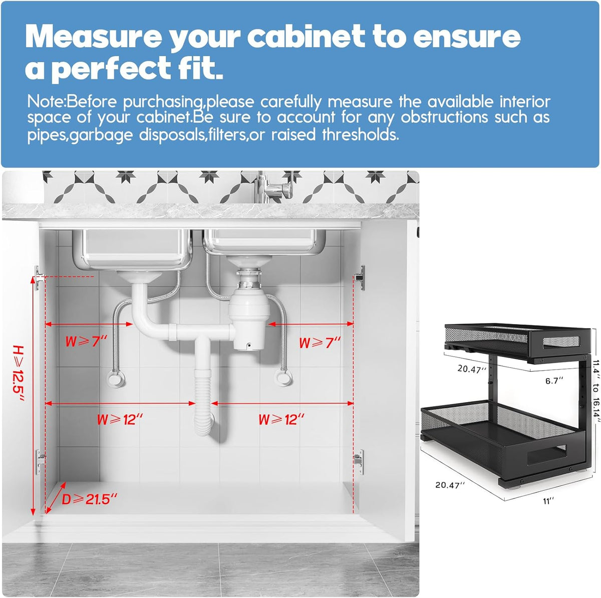1 Pack 20.47IN Depth Under Sink Storage Organizer, Large 2-Tier Elegant Mesh Pull Out Shelf for Kitchen and Bathroom Cabinet Organization, L-Shaped and Adjustable Height Design-Black