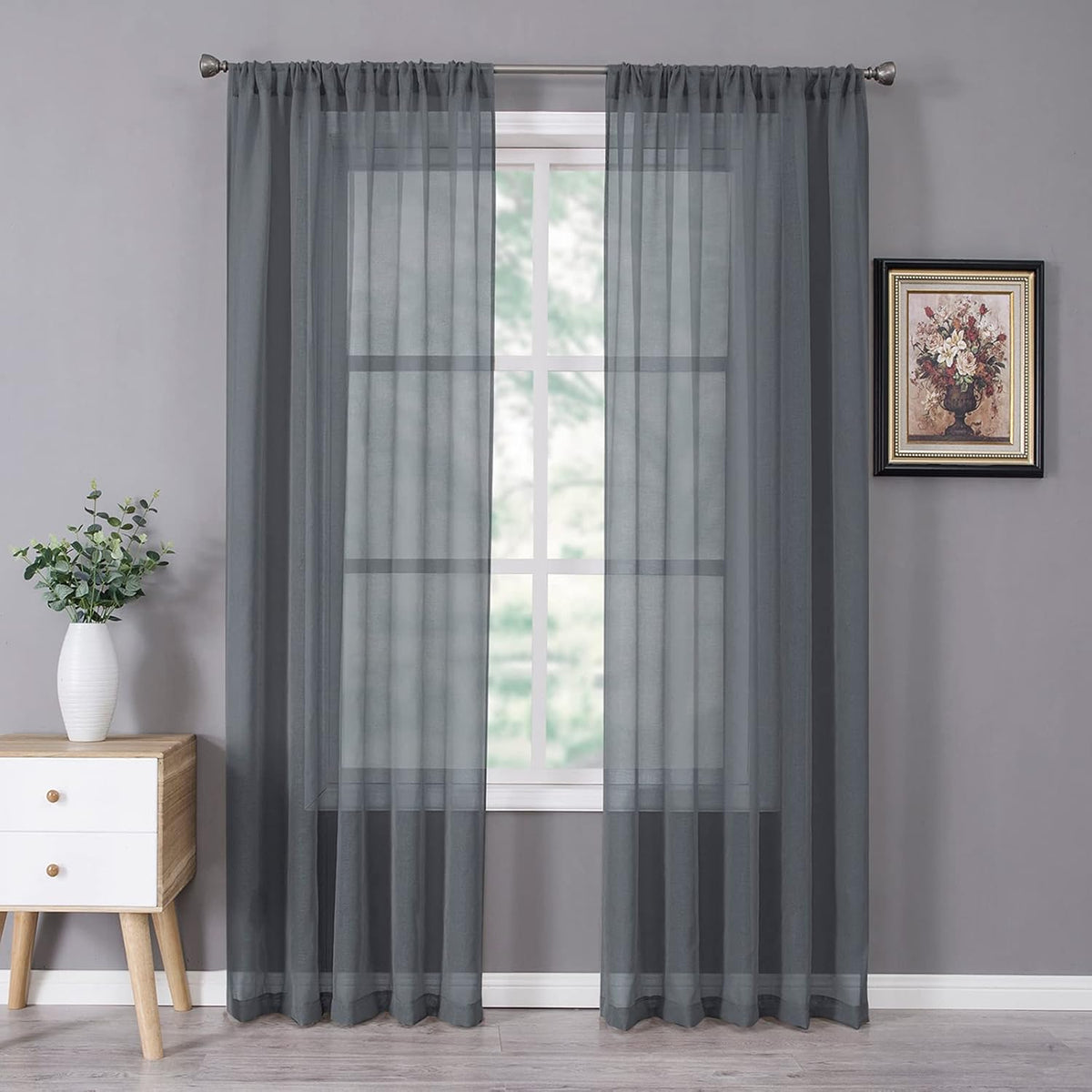 Tollpiz Sheer Curtains Bedroom Linen Textured Curtain Sheers Light Filtering Voile Rod Pocket Curtains for Living Room, 38 x 84 inches Long, Dark Grey, Set of 2 Panels