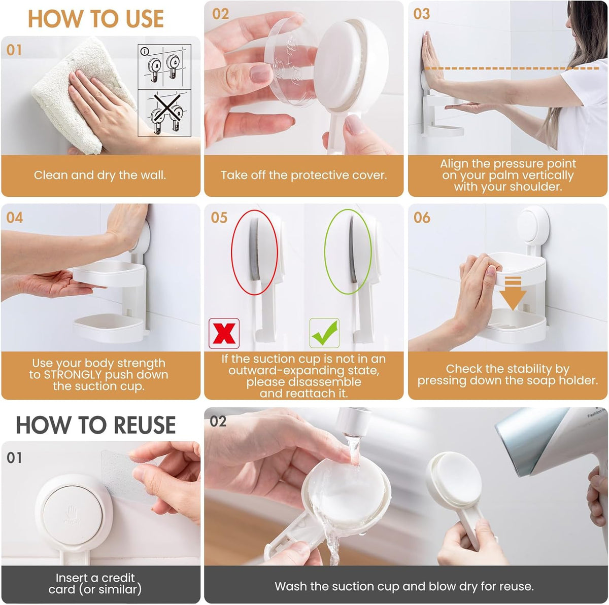 LEVERLOC Soap Dish Holder for Shower Double Layer Suction Cup Wall Mounted NO-Drilling Self Draining Removable Waterproof Strong Suction Bar Soap Sponge Holder for Shower Bathroom Bathtub Kitchen