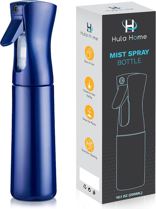 Hula Home Continuous Spray Bottle for Hair (10.1oz/300ml) Empty Ultra Fine Plastic Water Mist Sprayer – For Hairstyling, Cleaning, Salons, Plants, Essential Oil Scents & More - Blue