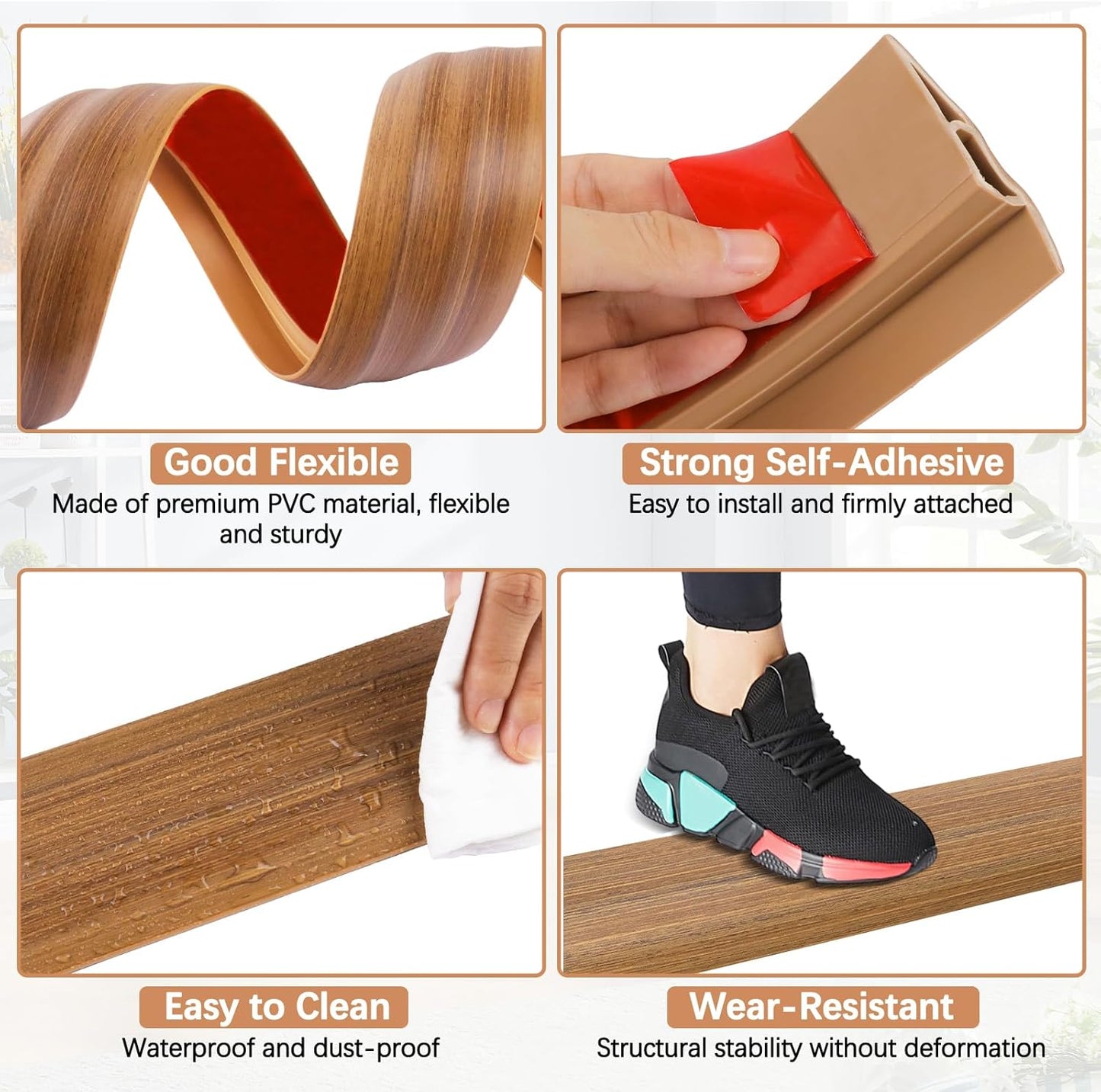 Vinyl Door Threshold Flooring Transition Strip Self Adhesive Carpet Edging Strip for Laminate Doorway Edge Threshold from 2/5" to 3/5" (Light Brown Wood Grain, 6.6 Ft)
