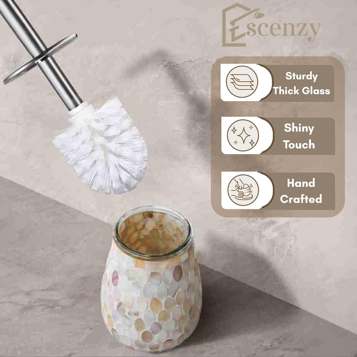 Escenzy Modern Toilet Brush and Holder Set | Natural Shell Mosaic Glass | Non-Rustic Stainless Steel | Practical & Decorative Toilet Bowl Brush and Holder | Luxury Bathroom Accessories