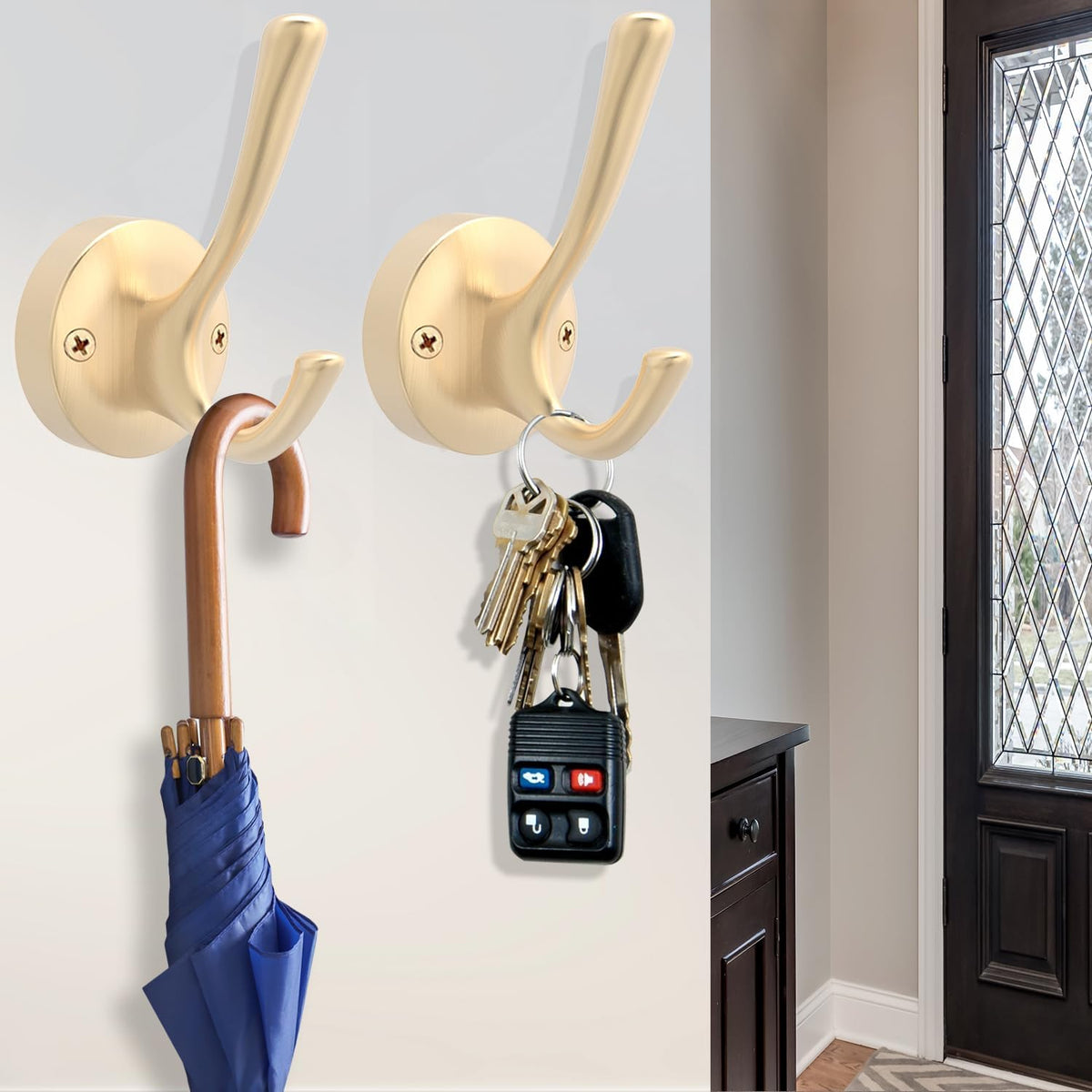 Gold Coat Hooks for Wall, 3 Pack Towel Hook Heavy Duty Metal Double Bath Robe Hook Wall Mount, Hat Hooks for Cubicle Bathroom Kitchen Closet Garage