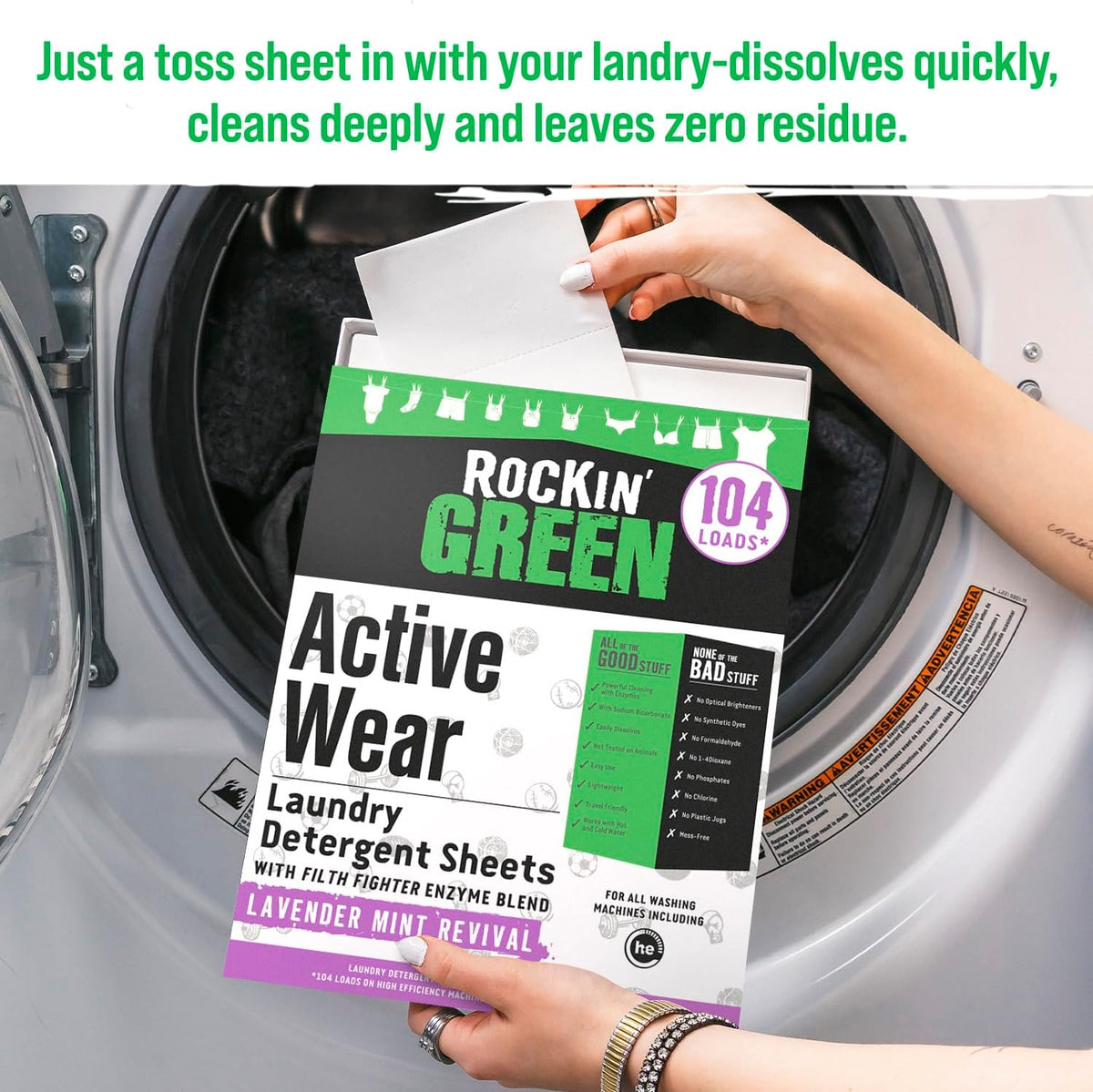 Rockin' Green Active Wear Travel Laundry Detergent Sheets - Mess-Free Laundry Sheet Detergent with Sodium Bicarbonate - Easily Dissolvable Laundry Soap Sheets (104 Loads, Lavender Mint Revival)