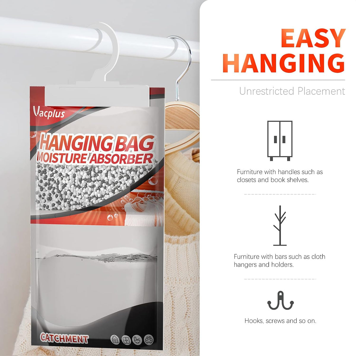 Vacplus Moisture Absorbers, Hanging Closet Dehumidifier Bags, Humidity Packs, Desiccant, Closet Dehumidifiers with Activated Charcoal, 10 Pack, 9.8 OZ