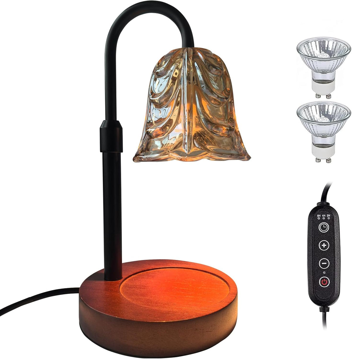Candle Warmer Lamp with Timer and Dimmer - Adjustable Height Wax Melt Warmer, 4 Brightness Levels, 2/4/8H Timer, Wood Base & Glass Shade, Includes 2 GU10 Halogen Bulbs for Home Decor