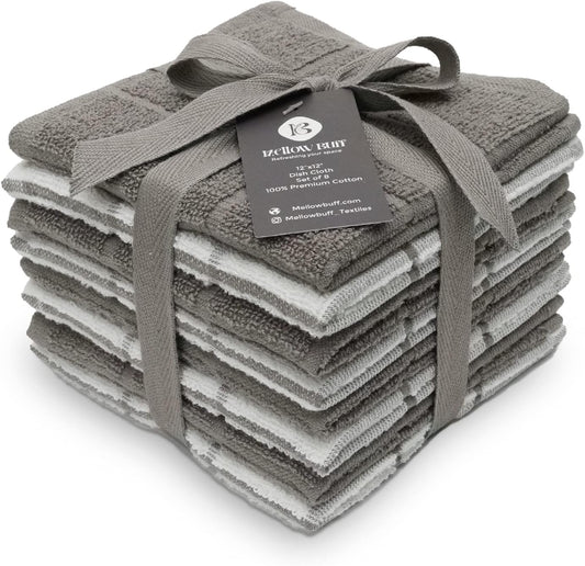 100% Cotton Terry Dish Cloth & Dish Towel, 6 Pack, Super Soft and Absorbent Kitchen Towels, Perfect for Kitchen Cleaning and Dish Washing (Grey (Solid and Checks) 8 Pack)
