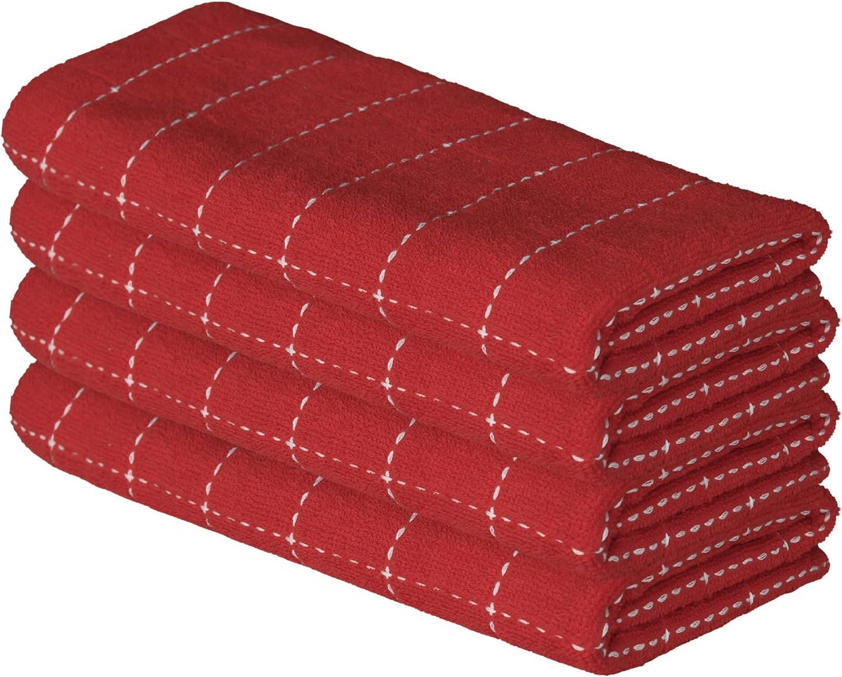 Artoid Mode Checkered Designed Cotton Red Terry Kitchen Dish Towels, 15x25 Inch Soft Absorbent Quick Drying Family Cleaning Tea Towels Set of 4