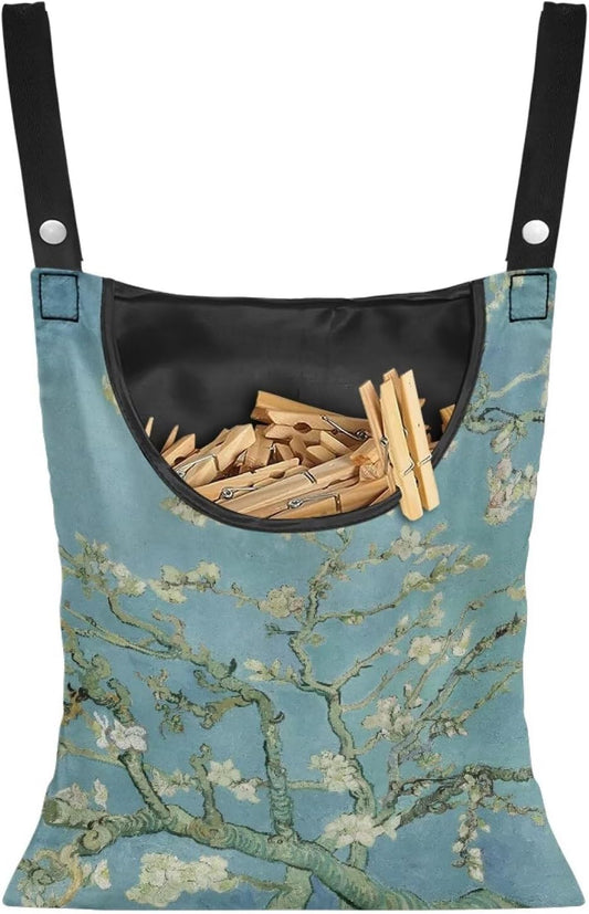 Almond Blossom Print Max Capacity Clothespin Storage Bag 14.5x12in - Generous Opening for Quick Loading - Sturdy Hanging Solution for Outdoor Clotheslines & Indoor Laundry Areas