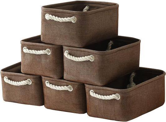 TheWarmHome Storage Basket for Organizing - 12x8x5 inch Small 6 Pack Collapsible Storage Bin for Shelves with Handles, Canves Storage Box for Cloth Closet Organizer Gift Toy (Brown)