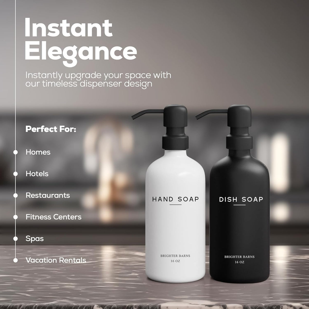 Luxury Glass Hand and Dish Soap Dispenser Set by Brighter Barns - Kitchen Soap Dispenser Set with Stainless Steel Pump for Kitchen Sink - Neutral Modern Farmhouse Home Decor for Airbnb (Black/White)