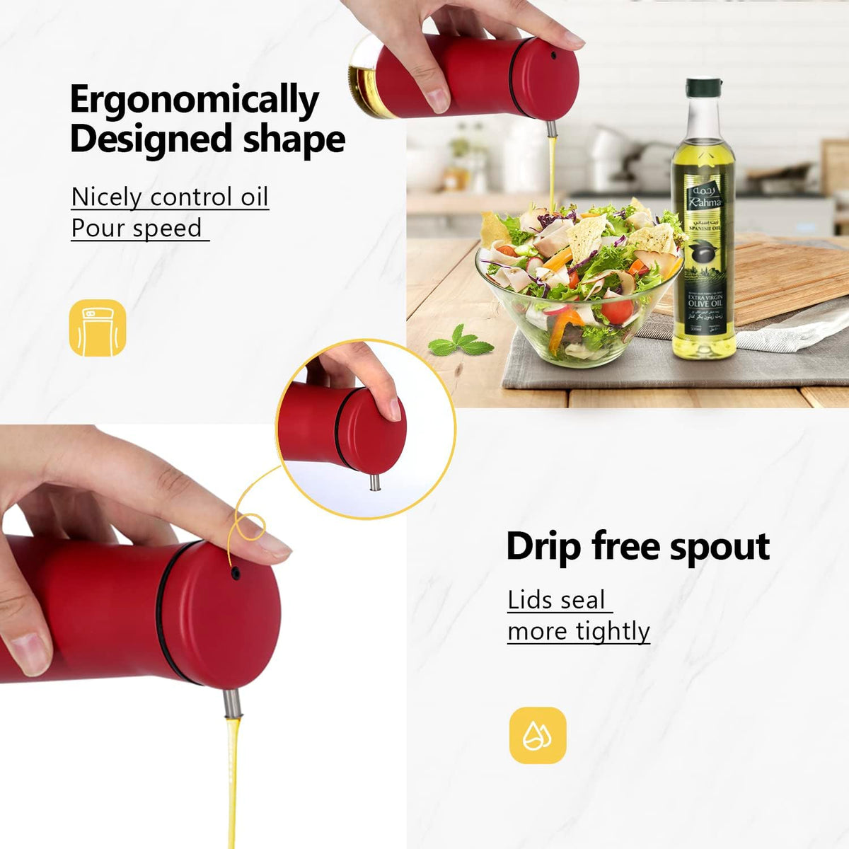 Aelga Red Oil And Vinegar Dispenser Set - 2 Pack Oil Dispenser Bottle for Kitchen with No-Drip- Red Kitchen Decor and Accessories for Home Restaurants Weddings