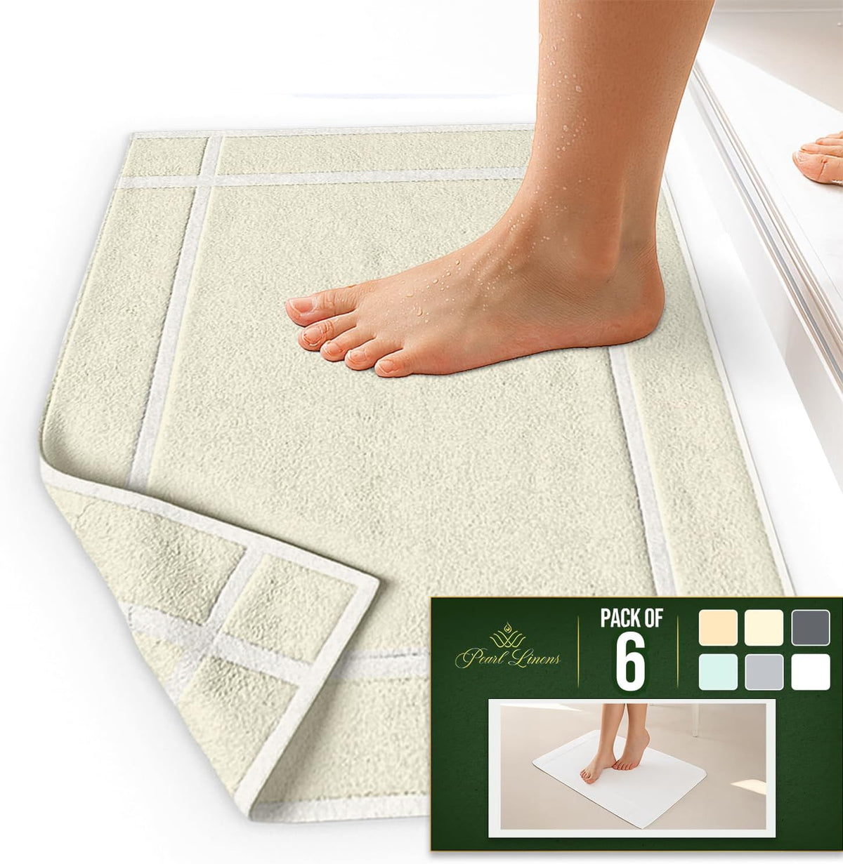 Pearl Linens Pack of 6 100% Cotton Bath Mat 20x30 inches, Soft & Absorbent Quick Dry Bathroom Mat Set, Not Bathroom Rugs, After Shower Mat, Bath Tub Mat, 687 GSM, Machine Washable, Ivory