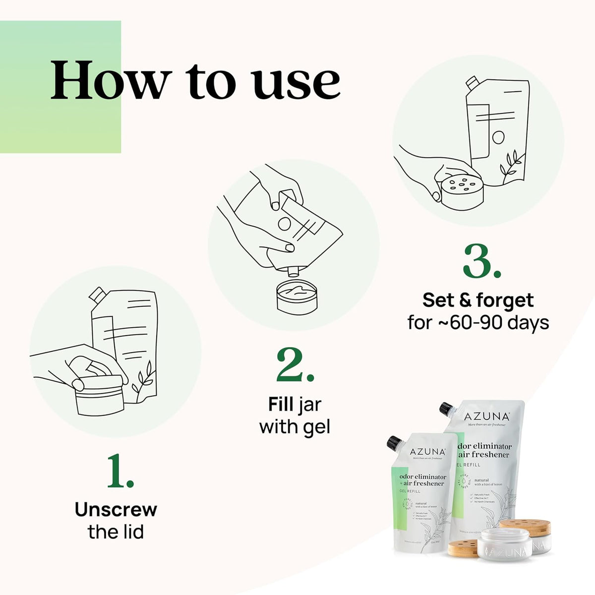 Azuna Air Freshener & Odor Eliminator for Strong Odor | 2 Room Kit Includes (2) 8 oz. Empty Luxe Glass Jars & 12 oz | Refill with Tea Tree Essential Oil Gel | Natural Scent | Last 60-90 Days