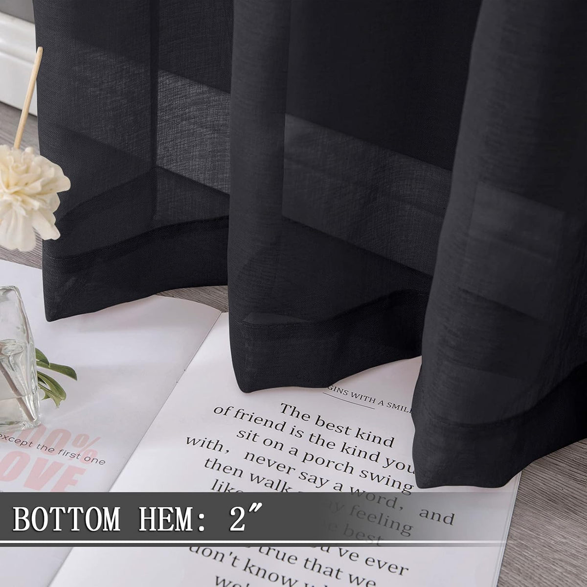 Tollpiz Short Sheer Curtains Linen Textured Living Room Curtain Sheers Light Filtering Rod Pocket Voile Curtains for Bedroom, 42 x 45 inches Long, Black, Set of 2 Panels