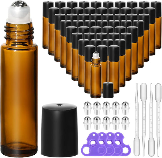 KEYWING 54 Pack Empty Essential Oil Roller Bottles – 10ml Amber Glass Roll-On Bottles with Stainless Steel Roller Balls & Caps, Refillable Perfume Containers for DIY & Travel