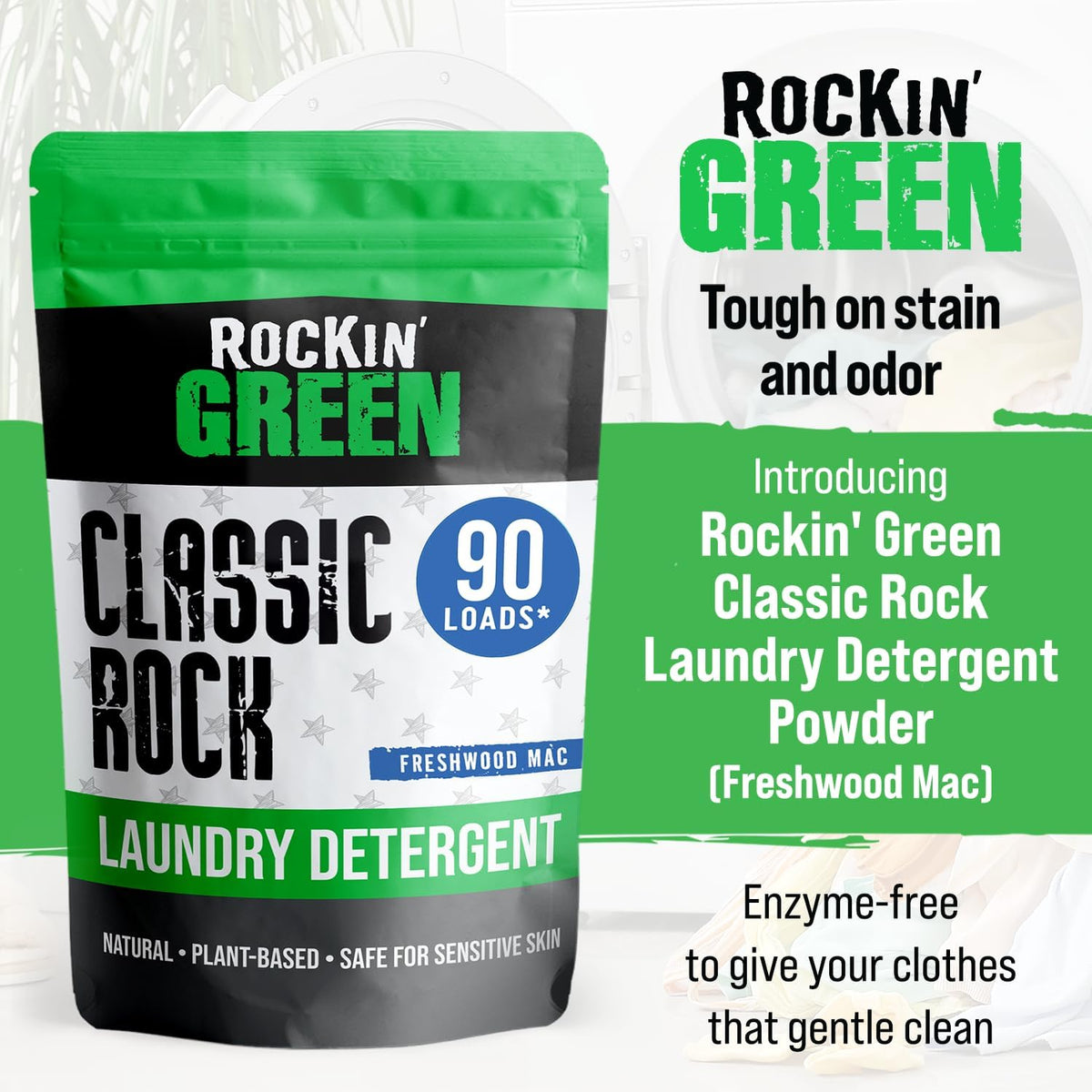 Rockin' Green Classic Rock Laundry Detergent (90 Loads), Plant based, All Natural Laundry Detergent Powder, Vegan and Biodegradable Odor Fighter, Safe for Sensitive Skin, 45 oz (Freshwood Mac)