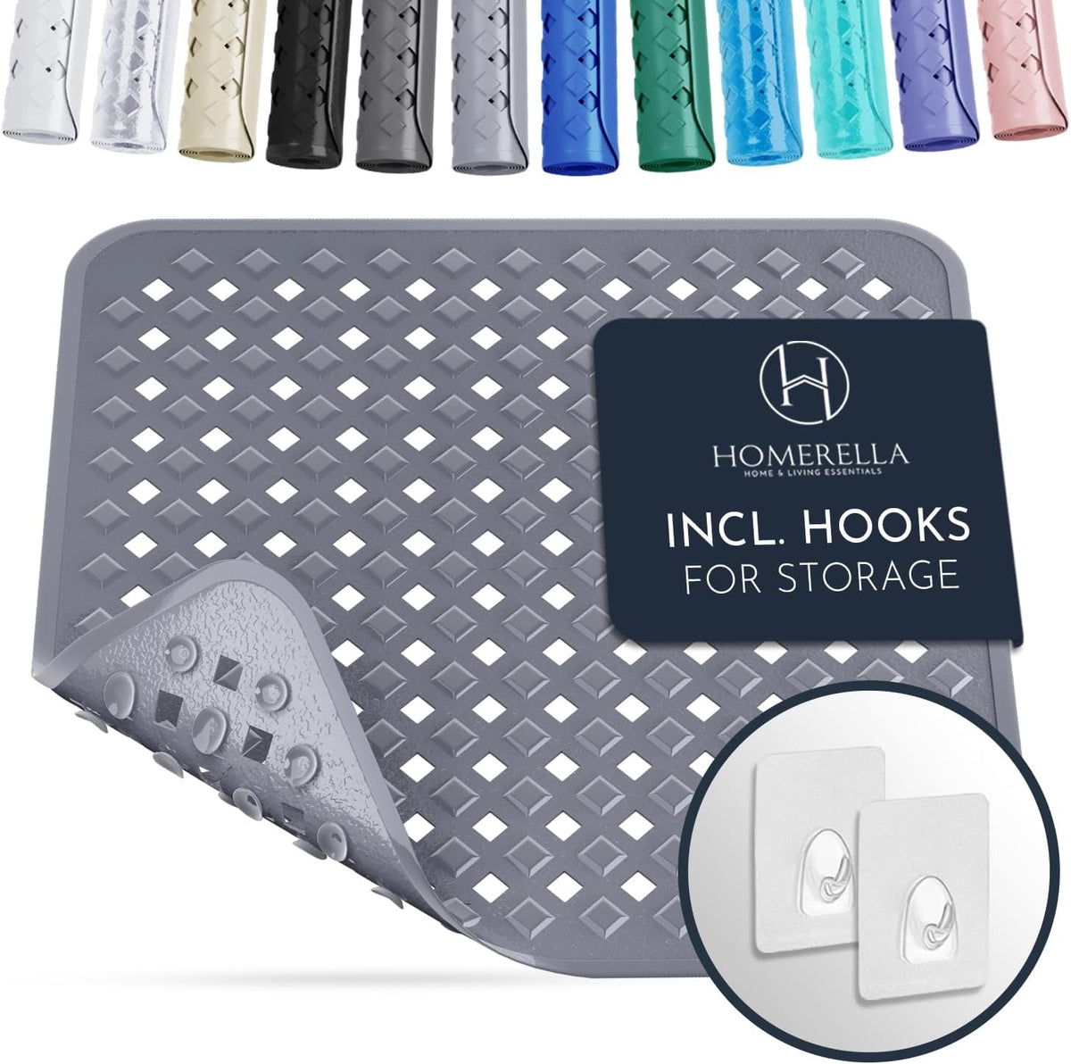 Homerella Anti Slip Shower Mat | Anti Mold Non Slip Bathtub Mat for Inside Shower | Square Floor Shower Mat 21 x 21 inch with Suction Cups for Grip & Hooks Hanging and Quick Drying | Machine Washable