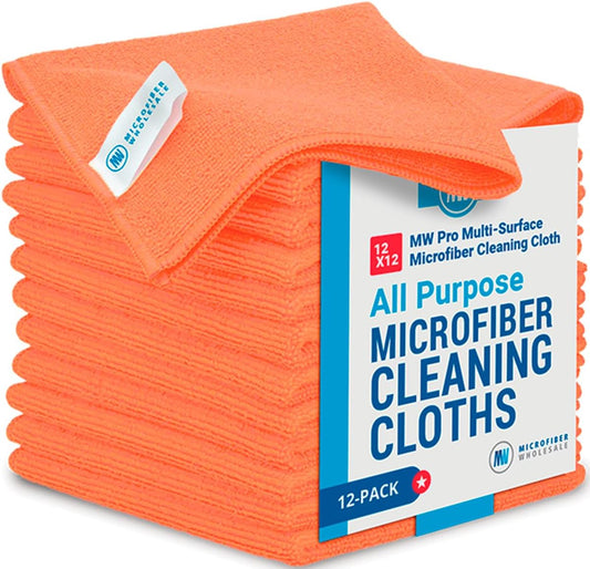 12" x 12" MW Pro Multi-Surface Microfiber Cleaning Cloths | Orange - 12 Pack | Premium Microfiber Towels for Cleaning Glass, Kitchens, Bathrooms, Automotive, Supplies & Products