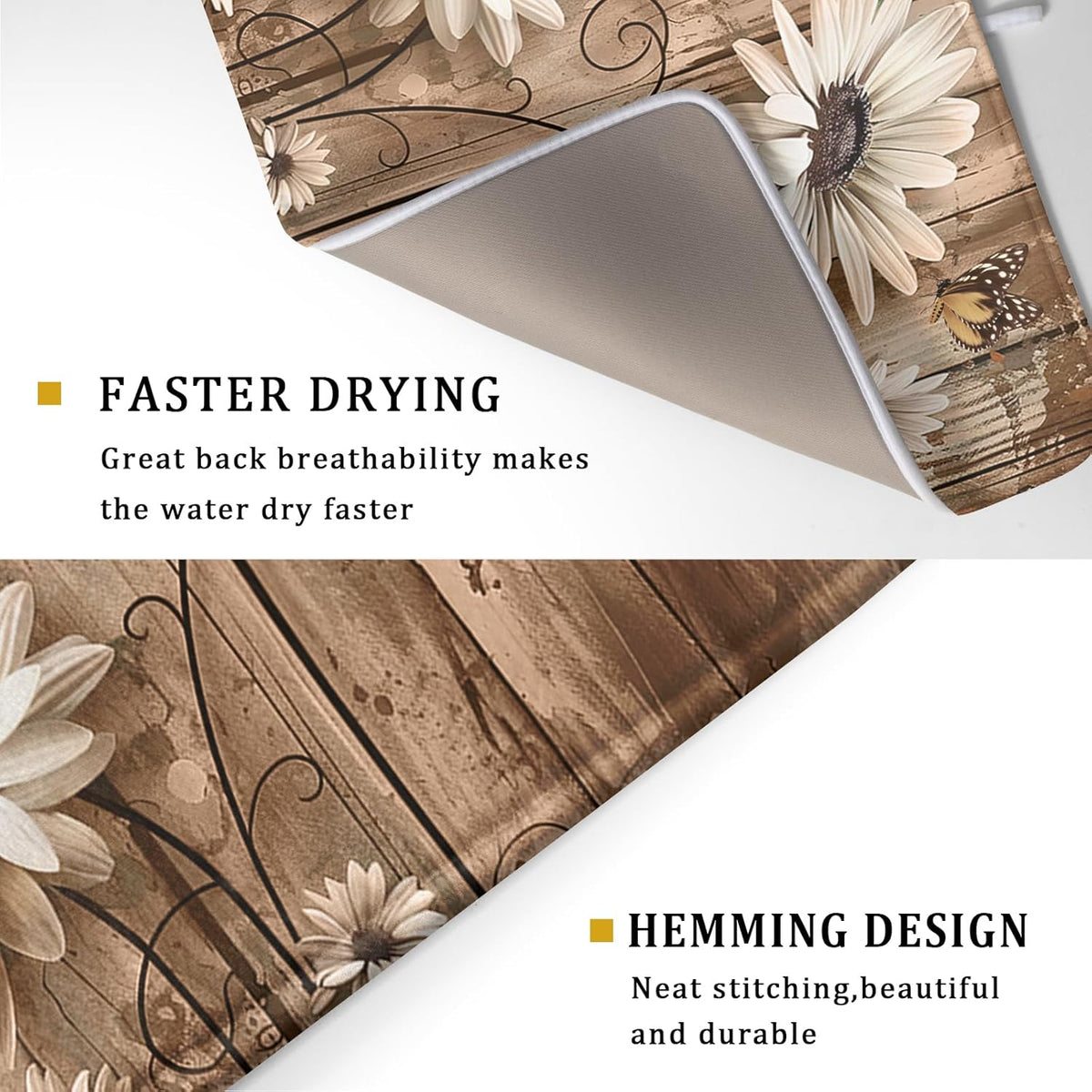 Summer Daisy Flowers Dish Drying Mat for Kitchen Counter 18x24 Inch Rustic Daisy Absorbent Dish Drying Mat Wood Microfiber Reversible Drying Pad Dish Drainer Mat for Countertops Tableware Decor