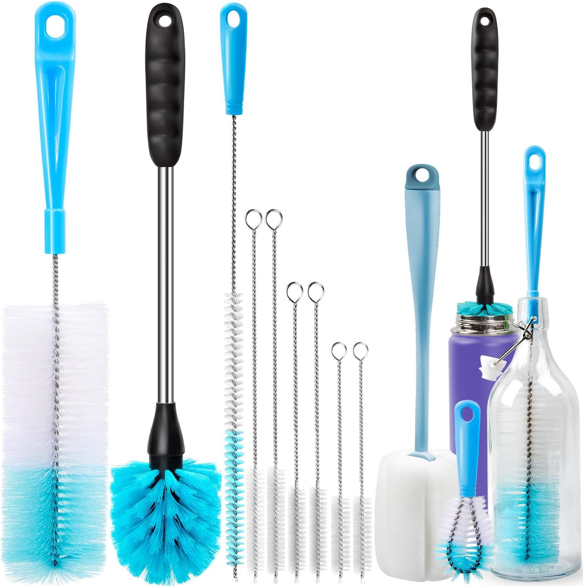 Holikme Bottle Brush Tube Cleaning Lab Set with Long Handle, Cup Cleaner for Washing Narrow Neck Beer Wine Decanter Pipes Lids Sinks Cap Covers, Azul