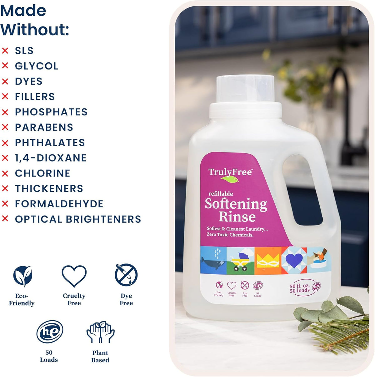 Truly Free Natural Fabric Softener for Sensitive Skin, Baby, Kids | Clean Easy Powder to Liquid Laundry Softener | Lavender Eucalyptus, Septic Safe | 1 Pack Fabric Softner + 1 Refillable Jug, 50 Loads