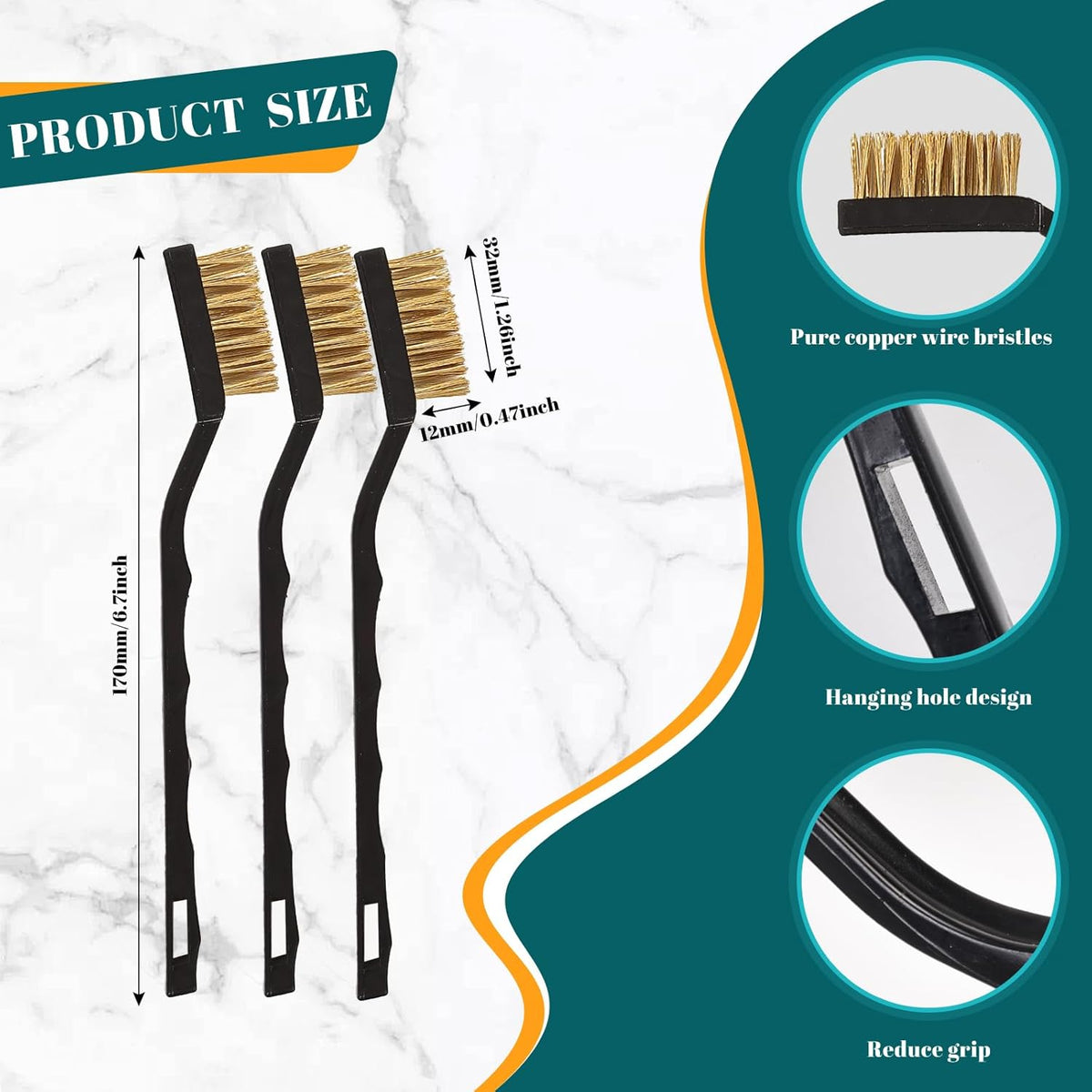 48 Pcs Mini Brass Brush Set, Brass Scratch Brush with Curved Handle, Cleaning Weld Slag and Rust