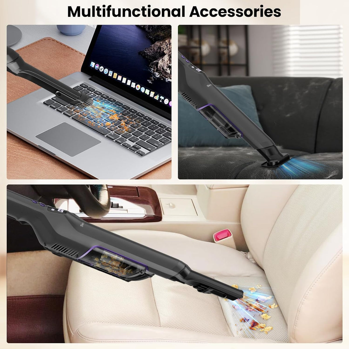 Cordless Handheld Vacuum, 24Kpa Car Vacuum with Brushless Motor, Charging Dock, 2in1 Flat Nozzle, Sofa Brush, 1.5lb Portable Handheld Vacuum with 2-Speed for Home, Car, Pet, Office, Purple