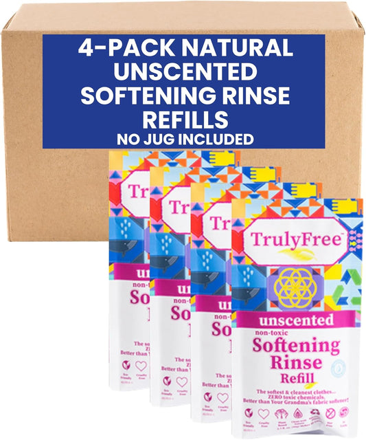 Truly Free Fabric Softening Conditioner for Clothes| Safe for Babies & Kids with Sensitive Skin | Plant-Based | Includes 4 Refills | Unscented Rinse(200 Loads)
