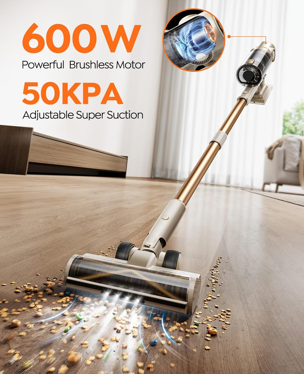 Cordless Vacuum Cleaner,80Mins/50kpa Vacuum Cleaners for Home,Stick Vacuums with Self-Standing,Touch Screen,LED Headlights, Anti-tangle,Rechargeable,Lightweight,for Carpet,Hard Floor, Pet Hair(P7 Pro)