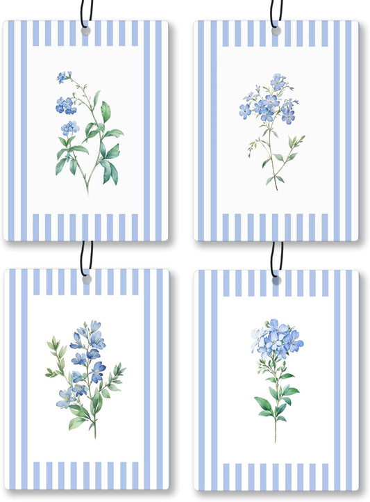 Rustic Blue Floral Car Air Freshener 4 Pcs, Preppy Blue Striped Flower Hanging Scents Air Freshener for Women Girls Gifts, Cottagecore Scented Car Accessories Decor for Room Closet Drawer