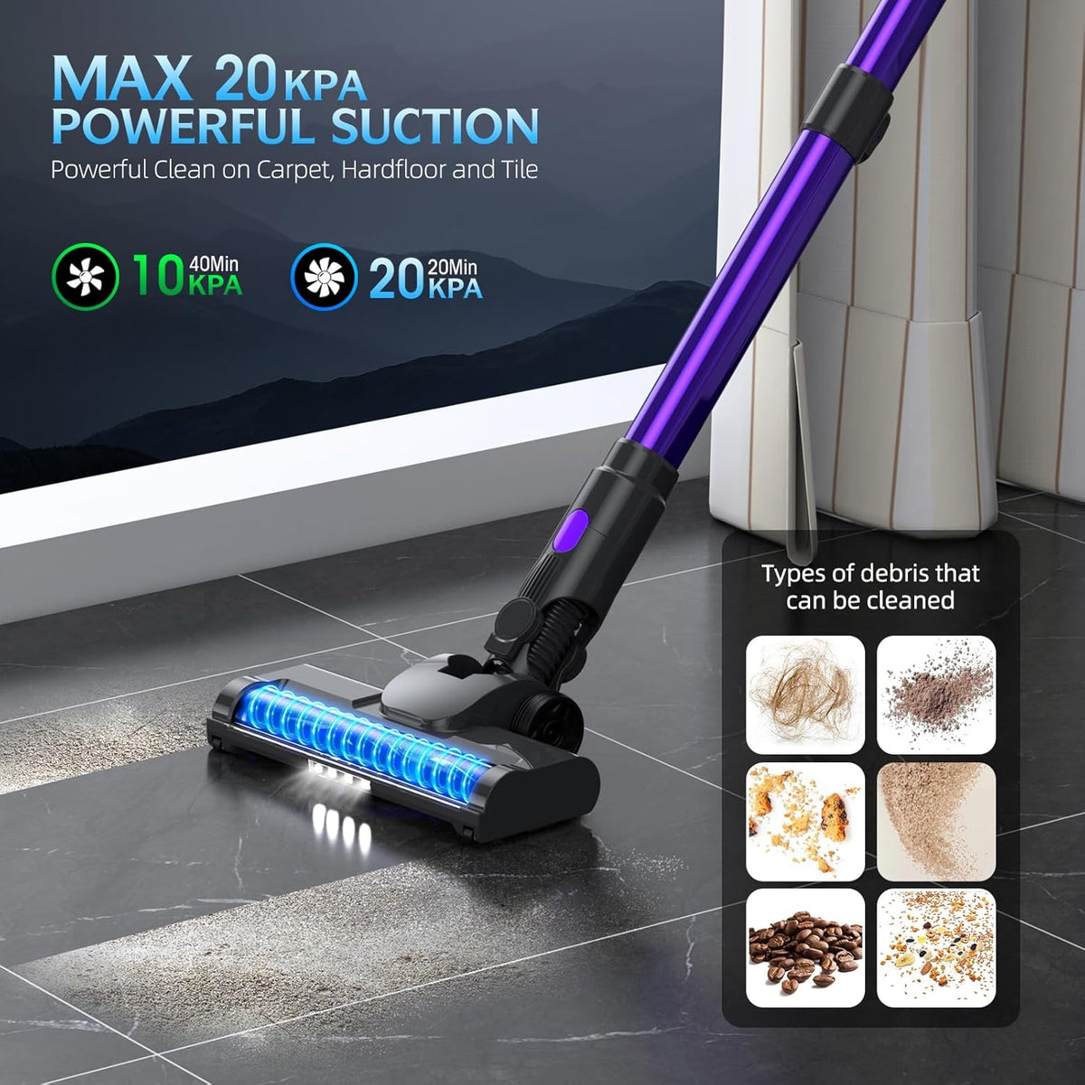 Cordless Vacuum Cleaner, Stick Vacuum with LED Display, 2 Modes 6 in 1 Lightweight Rechargeable Cordless Stick Vacuum with 40Min Detachable Battery Vacuum Cleaner for Home Hard Floor Carpet