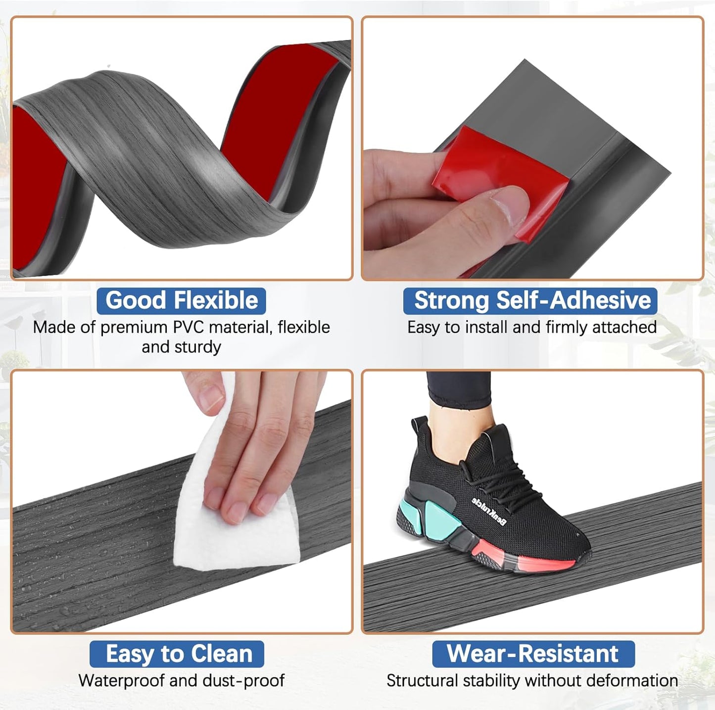 Vinyl Door Threshold Flooring Transition Strip Self Adhesive Carpet Edging Strip for Laminate Doorway Edge Threshold from 1/5" to 2/5" (Dark Gray Wood Grain, 3.3 Ft)