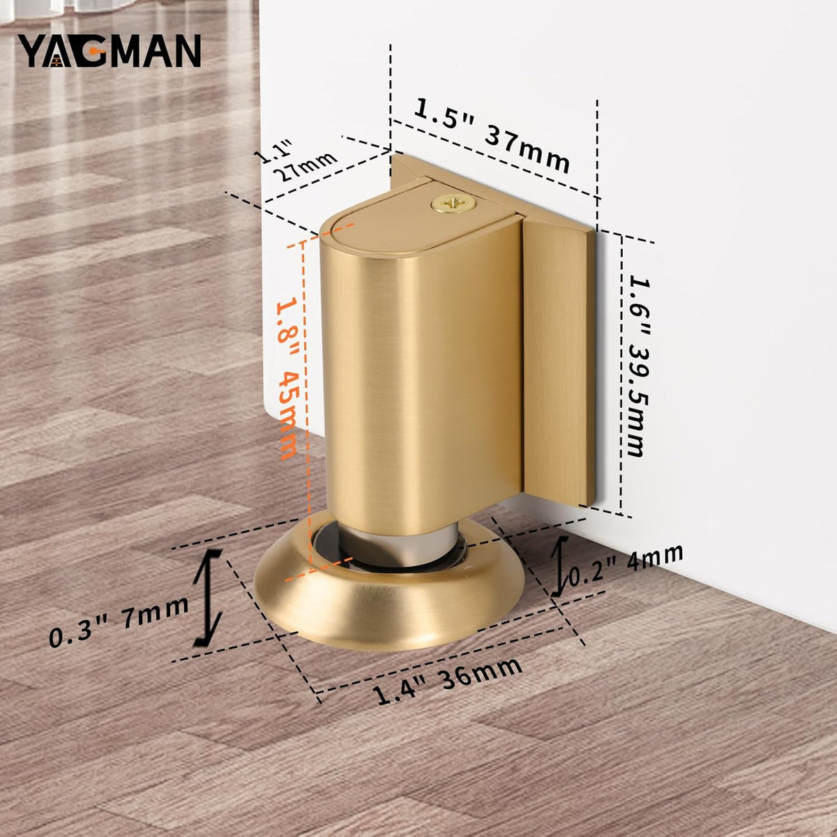 1 Pack Magnetic Door Stoppers Retractable Bottom of Door Holder No Drilling Mount Floor Door Stop with Screws and Adhesive Catch Door Keep Door Open Brushed Gold BG-1