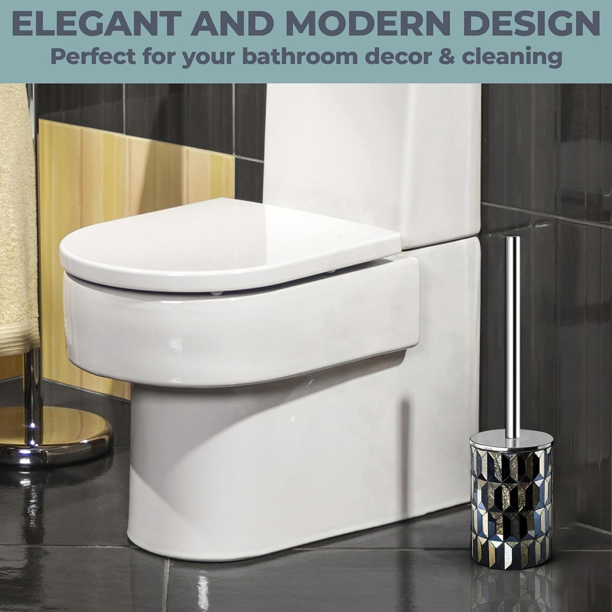 Escenzy Cute Toilet Brush and Holder Set Mosaic Glass | Non-Rustic Stainless Steel | Practical & Decorative Toilet Bowl Brush and Holder | Luxury Black and Gold Bathroom Accessories (Latest)