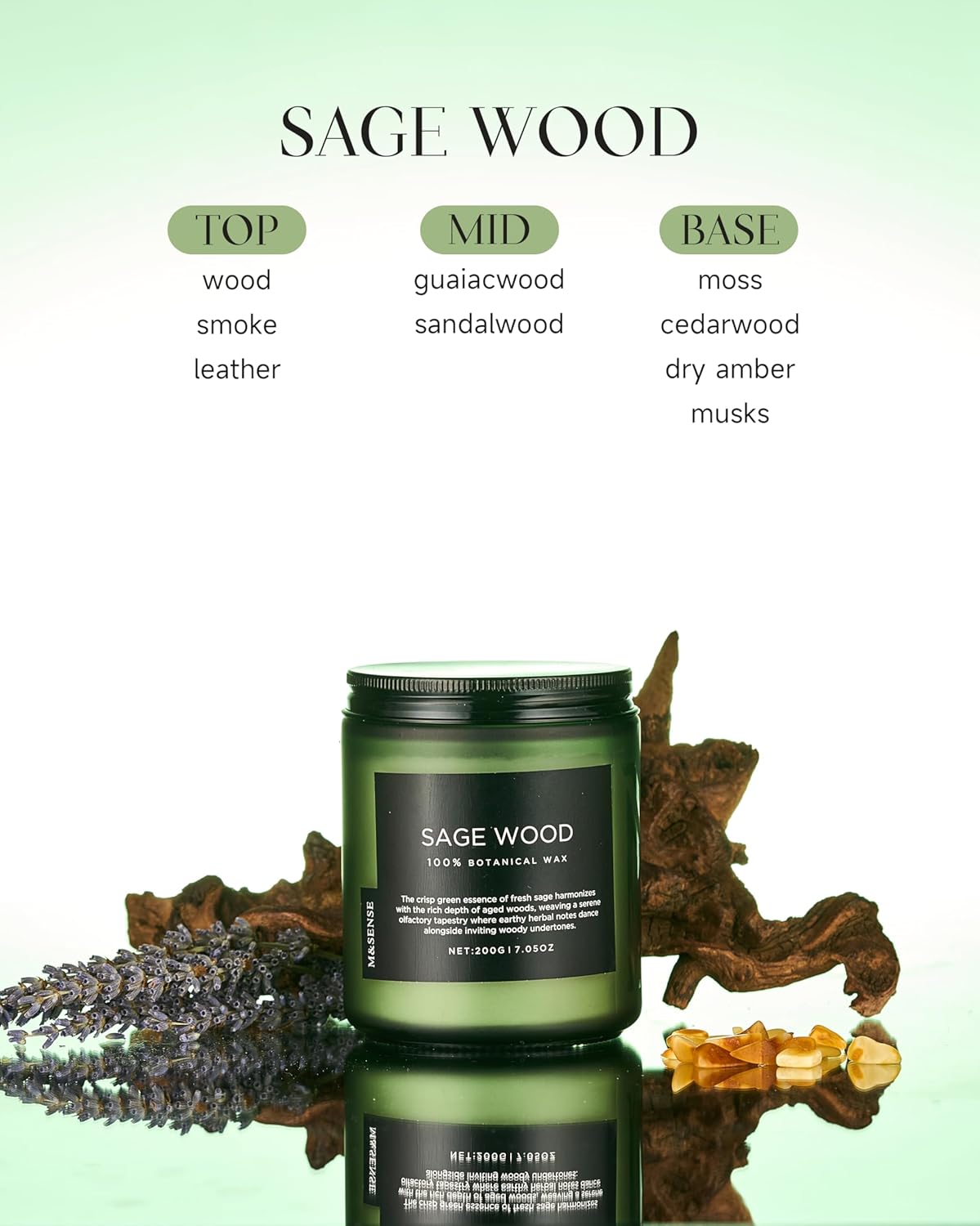 M&SENSE Sage Wood Scented Candle, 7.05oz 50 Hours Long Lasting Clean Non Toxic All Natural Soy Wax Candle for Relaxing & Stress Relief, 2 Wick Home Fragrance Gifts for Home Decor