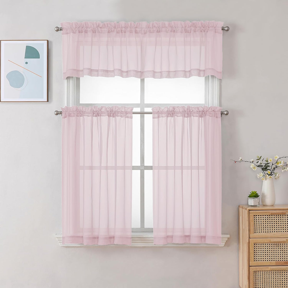 Chyhomenyc Sheer Curtains 24 Inch Length, Small Window Curtains for Bathroom Living Room Basement, Voile Short Rod Pocket Curtain Tiers, 42in Wx 24in L, 2 PCS, Blush Pink
