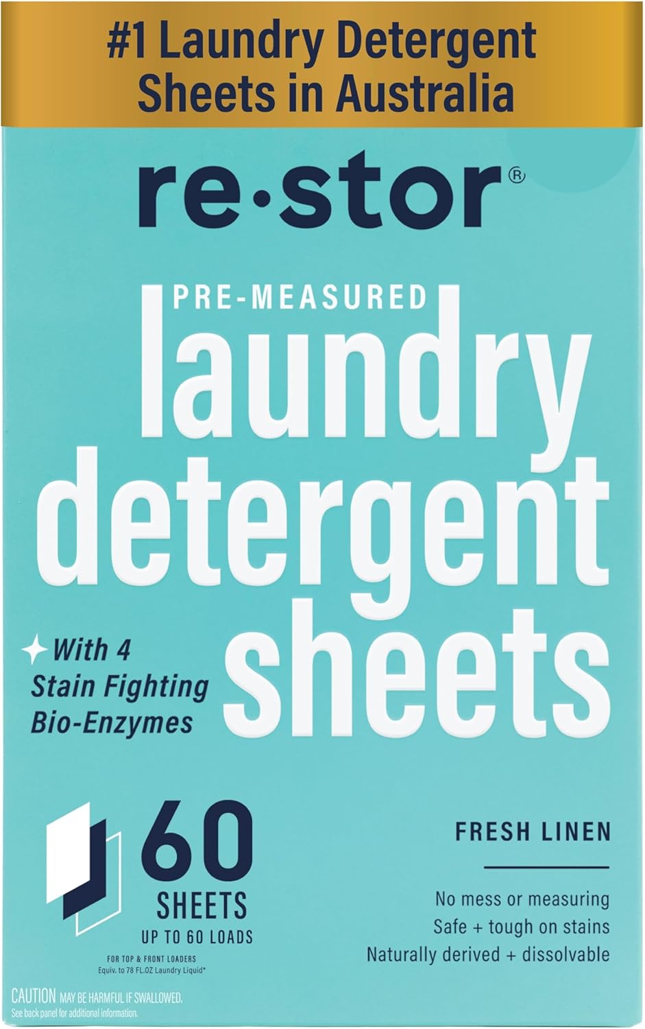 restor Laundry Detergent Sheets Fresh Linen 60 Loads | Eco Friendly Plastic Free Travel Laundry Washer Sheets | Superior Stain Fighting Washing Detergent sheets Number One in Australia