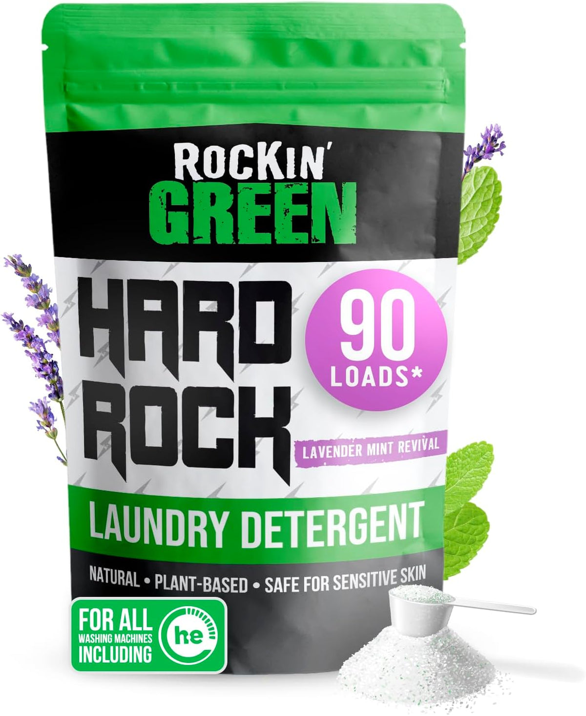 Rockin' Green Hard Rock Laundry Detergent for Hard Water (90 Loads), Plant based, Natural Laundry Detergent Powder, Biodegradable Odor Fighter, Safe for Sensitive Skin, 45 oz (Lavender Mint Revival)