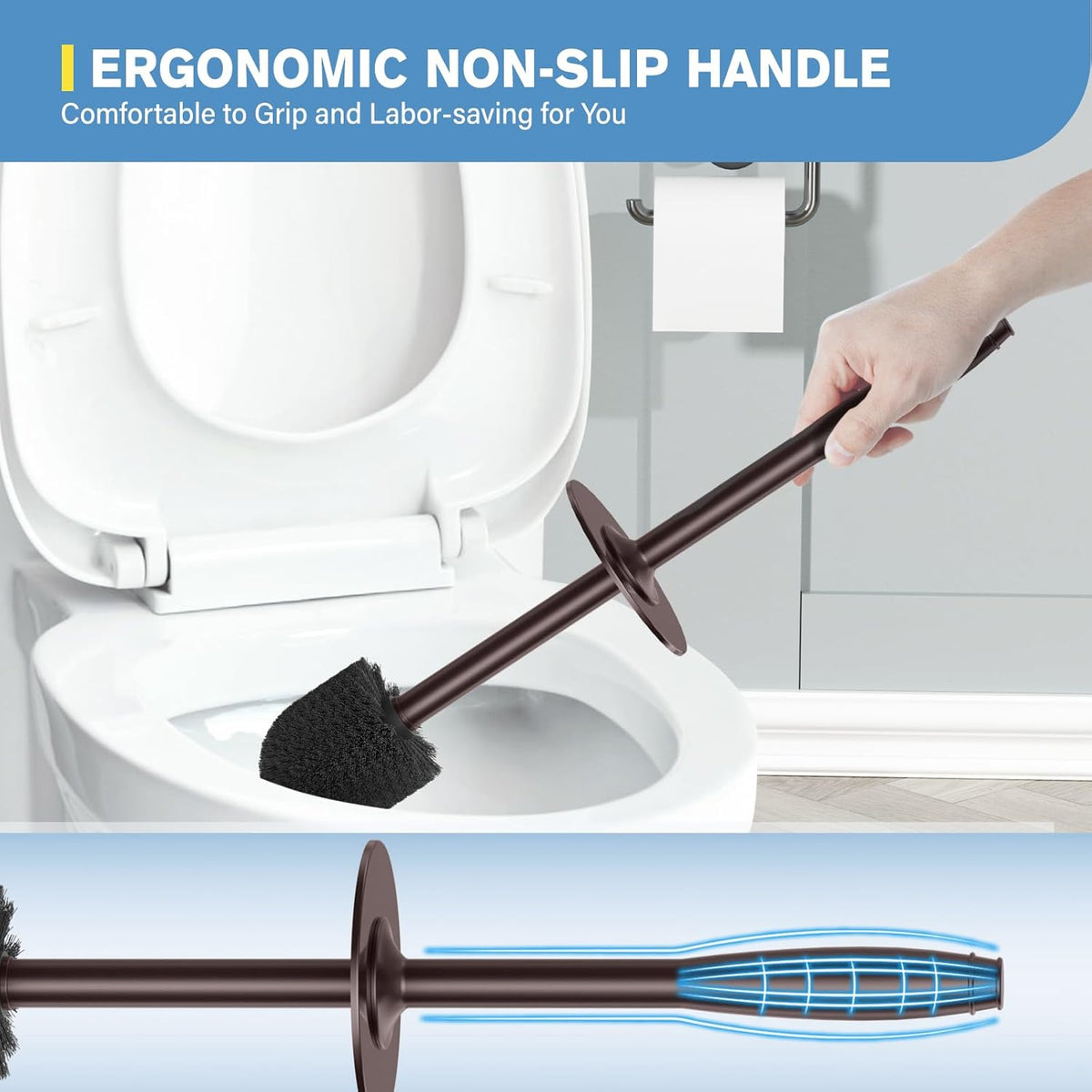 UPTRONIC Toilet Brush, Aluminum Alloy Toilet Brush and Holder Set with Extra Long Handle Durable Bristles Toilet Bowl Brush and Covered Holder for Toilet Scrubber for Bathroom Cleaning(Brown)